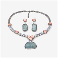 Carved Moonstone Coral Necklace Earrings Set