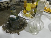 FOOTED BOWL, GLASS BOTTLE AND FLORAL VASE