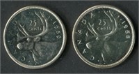 Canada 1958 & 1959 25c Silver PL Coins