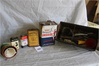 VINTAGE OIL CANS AND PLASTIC FUNNELS ETC. BOX LOT