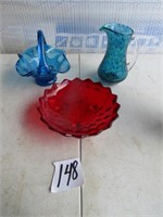 RUBY RED FOOTED CANDY DISH, BLUE BASKET,BLUE