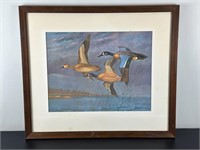 Vintage Framed Print - 3 Bluewing Teal in Flight