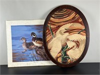 Vintage Framed Needlework Art and Wood Duck Print