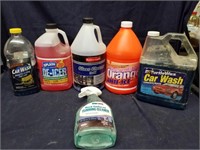 Assortment of cleaning chemicals and windshield