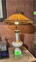 Mid century modern lamp, with leaded glass shade