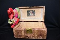 OLD WOODEN BOX W/ORIENTAL FLOWER FAN