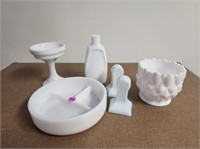 6 Milk Glass Pieces, Bowls and Bottles