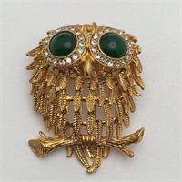 Goldtone Owl Brooch With Green & Clear Stones