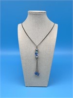 Sliver Tone And Blue Beaded Necklace