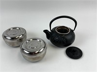 Small Cast Iron Tea Pot & Stainless Rice Bowls