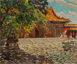J. Lehonos Chinese Temple Oil on Canvas, 1898