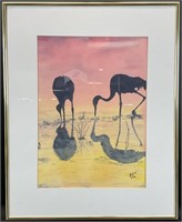 Signed Watercolor of Two Crane Birds