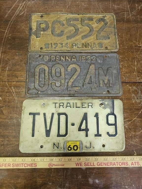 (3) License Plates- Including 1933 & 1934 PA