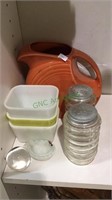 Fiesta water pitcher, glass shaker, mini