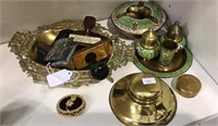 Brass & enamel set, brass ink well, brass tray,