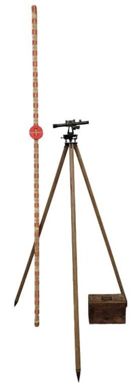 Vintage Surveying Transit, Tripod & Survey Pole