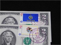 Two 1976 $2 bills w/ Illinois & Kansas