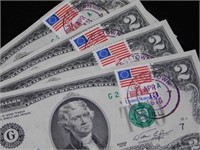 Four 1976 $2 bills, U.S. stamps & Georgetown