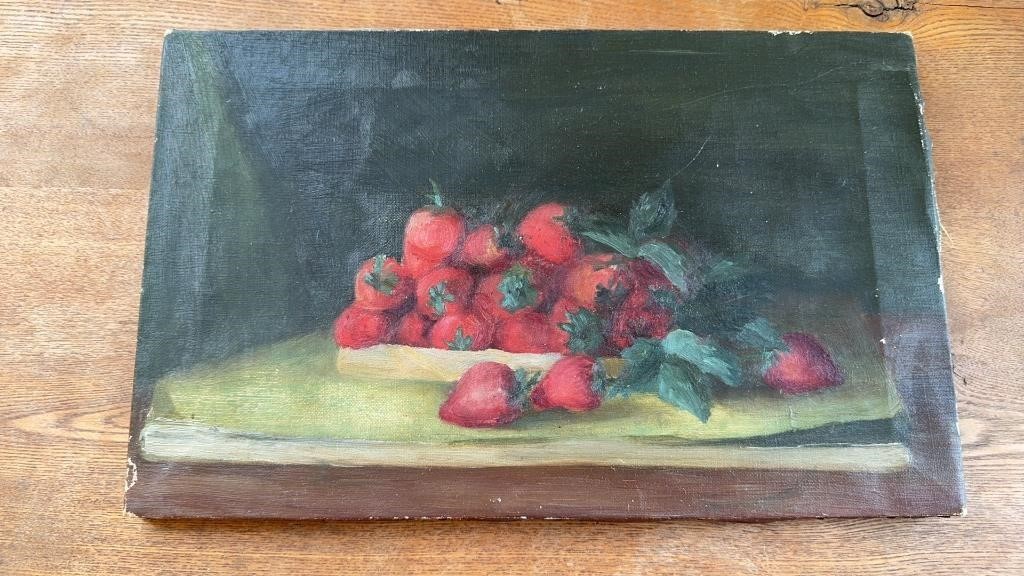 Antique oil, painting of strawberries on a table,
