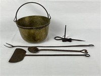 Tommy Stick, 3 Early Utensils and Brass Bucket