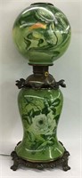 Hand Painted Green Floral Glass Table Lamp