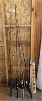 Lot of fishing gear-9 rods & reels & pole rack