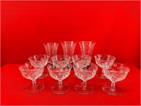 Lot of 8 Glass Dessert Cups & 3 Red Glass Base
