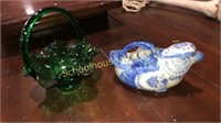Green glass basket & China bird teapot