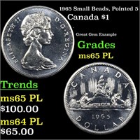 1965 Small Beads, Pointed 5 Canada Dollar $1 Grade