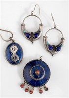 Tibetan Silver Lapis Lazuli Jewelry, 3 Pieces