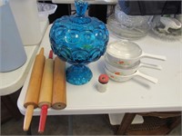 rolling pins,blue dish & dishes