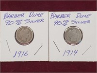 (2) Silver Barber Dimes - 1916 & 1914