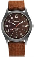 Soki Military Style Luminous Brown Canvas Watch