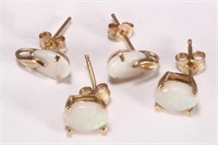 Two Pairs Gold & White Opal Stud Earrings,