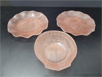 Vtg Pink Satin Glass: 2 Plates & Shell Bowl