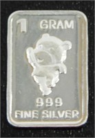 1 gram Silver Ingot - Dancing Bear, .999 Fine