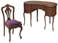 (2) LOUIS XV STYLE MARQUETRY WALNUT DESK & CHAIR