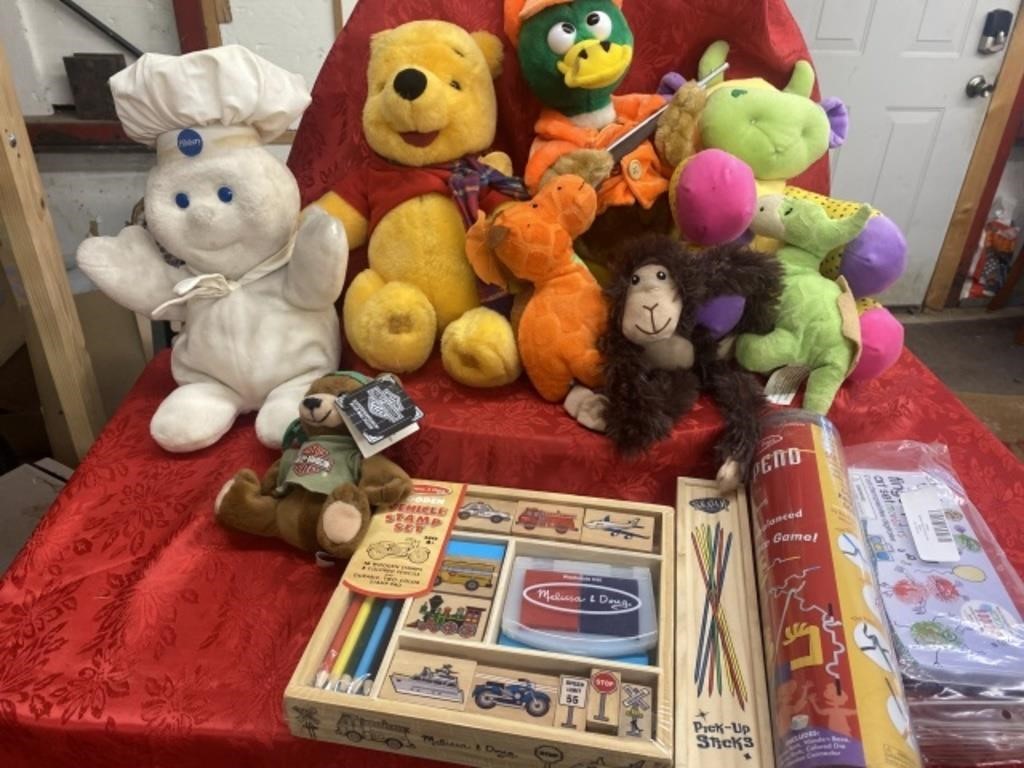 STUFFED ANIMALS, STAMP SET & OTHER TOYS