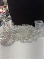 9 ASSORTED GLASSWARE ITEMS: EGG PLATE, TABLE BELL,