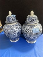 2 BLUE AND WHITE TEMPLE JARS