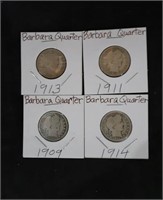 4 Barber Quarters 1913, 1911, 1909, 1914