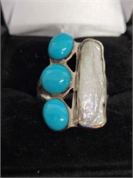 Silver Turquoise and Pearl Ring