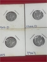 4 - Mercury dimes 1943D, 1944D, 1945, 1943