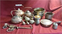 Copper/brass teapots, incense holder, bells, birds