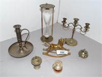 Brass candle sticks, Hour glass type timer, etc.