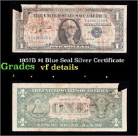 1957B $1 Blue Seal Silver Certificate Grades vf de