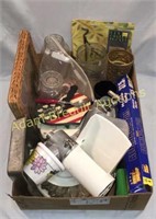 Box lot - Assorted kitchen wares, jars, vases,