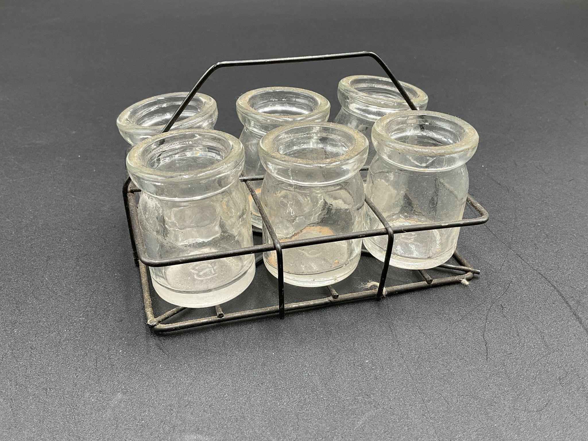 6 Mini Milk Dairy Glass Bottles With Metal Caddy