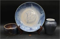 Signed Studio Art Pottery Plate, Vase, Bowl