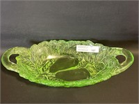 Uranium glass 2 handled server 9" L w pear design